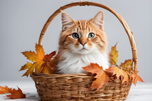 A Kitten With Cute Green Eyes Is Resting Comfortably In A Basket. It Feels Cozy On A White Background. Fall Generative AI