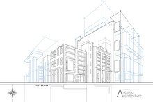 3D Illustration Abstract Urban Building Out-line Drawing Of Imagination Architecture Building Construction Design.