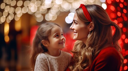 Poster - Mother and child decorate the Christmas tree with fairy lights.