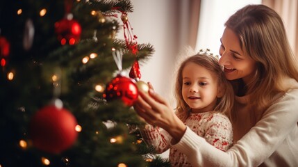 Poster - Mother and child decorate the Christmas tree with fairy lights.