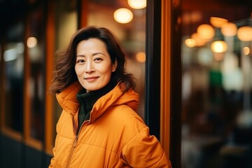 Portrait of a beautiful young asian woman in yellow jacket outdoors