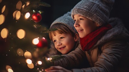Poster - Mother and child decorate the Christmas tree with fairy lights.