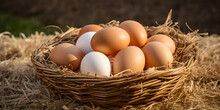 Chicken Eggs And Chicken Hatching From Egg ,Side View Of Basket Of Eggs In Nest On Wooden Background With Generative Ai

