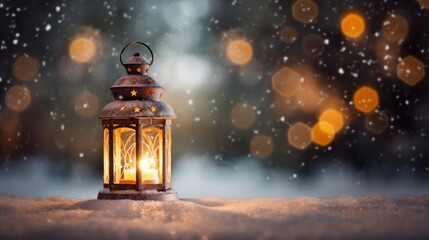 Poster - Christmas lantern with snow table decorations, snowy candle lights blurry landscape.