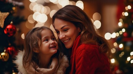 Poster - Mother and child decorate the Christmas tree with fairy lights.