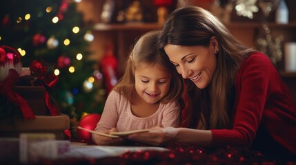 Poster - Mother and child decorate the Christmas tree with fairy lights.