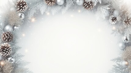 Poster - Merry Christmas wreath made of white and silver decorated fir trees, sparkles and confetti on white background.