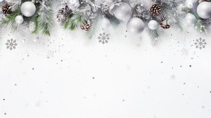 Poster - Merry Christmas wreath made of white and silver decorated fir trees, sparkles and confetti on white background.