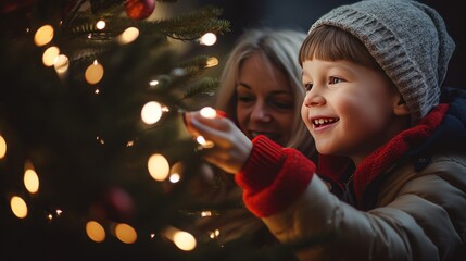 Poster - Mother and child decorate the Christmas tree with fairy lights.