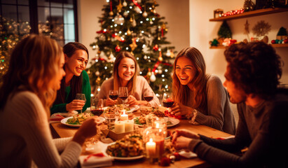 Holidays, celebration and people concept. Happy multi-ethnic friends having Christmas dinner at home