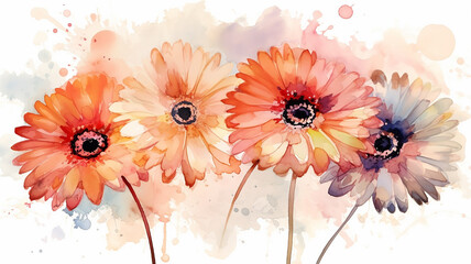 Wall Mural - gerberas watercolor summer paint drawing, multicolored flowers.