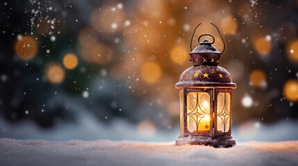Poster - Christmas lantern with snow table decorations, snowy candle lights blurry landscape.