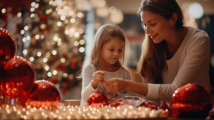 Poster - Mother and child decorate the Christmas tree with fairy lights.