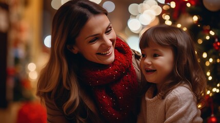 Poster - Mother and child decorate the Christmas tree with fairy lights.