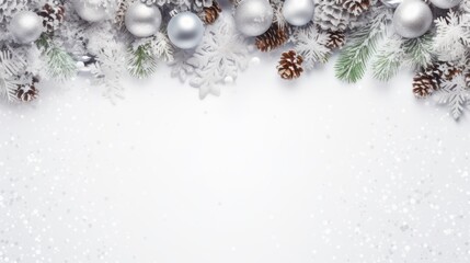 Poster - Merry Christmas wreath made of white and silver decorated fir trees, sparkles and confetti on white background.