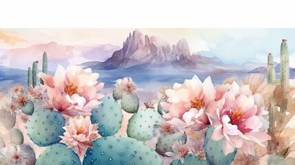 Wall Mural - cacti bloom watercolor white background, spring, desert.  AI