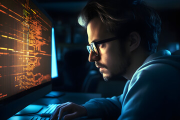 Focused developer coder wears glasses working on computer looking at programming code data cyber security digital tech reflecting in spectacles developing software program, focus on eye close up view