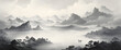 wallpaper vintage landscape drawing of jungle mountains with trees fog and clouds in black and white design for wallpaper, wall art, print, fresco, mural