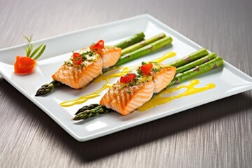 Wall Mural - plated salmon with grilled asparagus