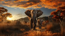 African Elephant Family In Front Of The Stunning Savanna Sky At Sunset
