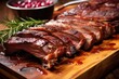 close-up of hickory smoked ribs with a shiny glaze