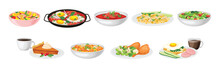 Nutritious Tasty Dishes Served On Plates Vector Set