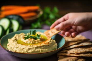 Poster - hand reaching for a piece of pita bread beside a bowl of hummus