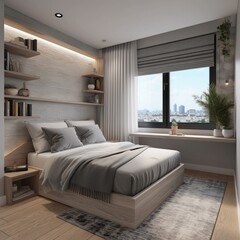 Luxury small bedroom interior with wooden walls, wooden floor, gray bed and two bedside tables.