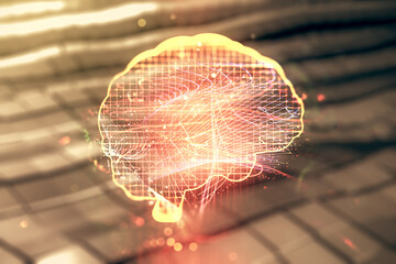 Wall Mural - double exposure of creative human brain microcircuit hologram on shiny metal background. future tech