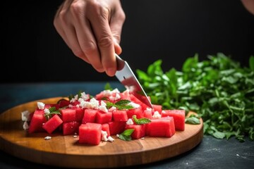 Canvas Print - a hand using a slicer to cut thin watermelon slices for a feta salad