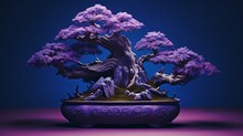 A Bonsai Tree Displaying Intricate Shapes, Housed In A Deep Purple Pot.