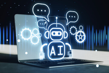 Wall Mural - Close up of laptop on dark desk with coffee and creative glowing robot ai hologram on blurry background. Automated machine learning and conversation assistant concept. 3D Rendering.