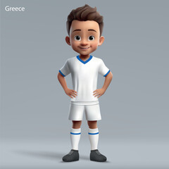 3d cartoon cute young soccer player in Greece national team kit