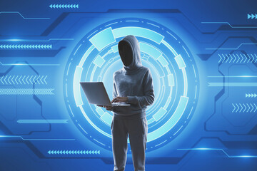 Poster - Hacker using laptop on creative blue hi-tech background. Hacking, technology and malware concept.