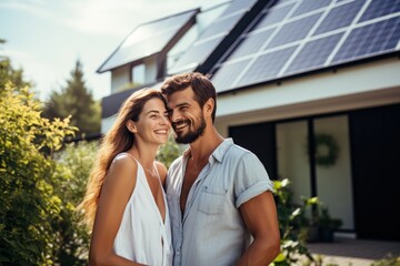 Happy couple stands smiling in the driveway of a large house with solar panels installed. Husband and wife buying new house. Life style real estate concept.