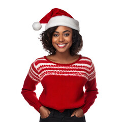 black african woman in a Santa cap hat and a Christmas sweater isolated on a white transparent background