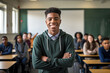 © Surachetsh - The portrait of a smiling black male teenager in a casual outfits/ a neatly suit sitting in a classroom fulled of students. Generative AI.