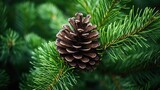 Fototapeta  - Fir tree branches with cones, Christmas, New year background concept. Texture of pine cones and spruce branches. Christmas tree with cone in forest. Dark moody botanical wallpaper..