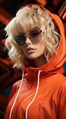 Wall Mural - Young confident blonde girl wearing trendy orange hoodie, color sunglasses, posing on background. Studio fashion portrait. Model illustration. Generative AI