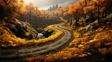 A Winding Road In The Middle Of A Forest In Autumn.