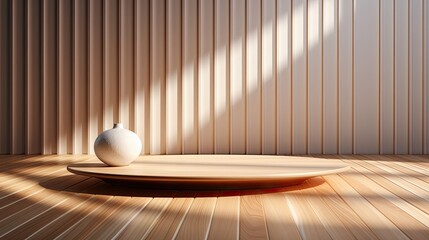 Wall Mural - Vertical blank warm lighting background. White and Wooden surface. Light and Shadow wallpaper. Background with shadow. Generative AI