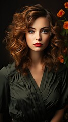 Wall Mural - Brunette girl with long and shiny wavy hair. Beautiful model with curly hairstyle. Model illustration. Generative AI