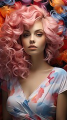 Wall Mural - Beautiful woman with multi-colored hair and creative make up and hairstyle. Beauty face. Model illustration. Generative AI