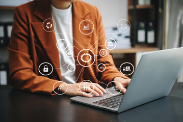 Businesswoman hand using laptop, tablet and smartphone  in office. Digital marketing media mobile app in virtual icon