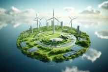 Renewable Energy With Green Energy As Windmills And Solar Panels On A Round Earth Background.