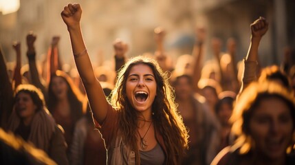 Wall Mural -  Women protesters fighting for their rights. AI generation