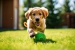 puppy fetching a ball in a green lawn