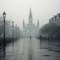 illustration of Jackson Square in the French Quarter on a dreary fog, Generative ai