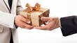 © Kowit - Closeup on hands woman giving a gift box man for Birthday, Christmas and New year on white background.
