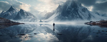 Man Standing At Mirror Like Lake